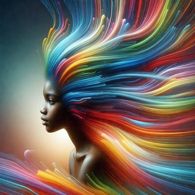 The primary subject of the image is a woman with a vibrant, colorful hairstyle. She has a mix of colors in her hair, including red, blue, yellow, and green. The setting is a colorful background, which complements the woman's unique hairstyle. The visual style of the image is a combination of photo and digital art, creating a striking and eye-catching portrait. The colors and mood of the image are lively and energetic, reflecting the woman's vibr